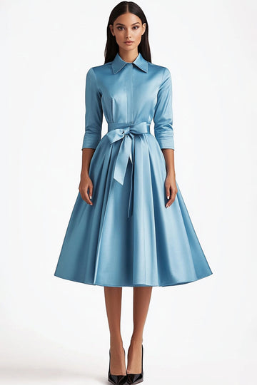 Blue A Line Flared Front Button Closures Midi Formal Dress with Long Sleeves